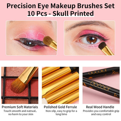 Eye Makeup Brushes 10Pcs Skull Printed Eyeshadow Makeup Brush Set Blending Concealer Eyebrow Eye Liners Premium Synthetic Eyeshadow Crease Brow Brush